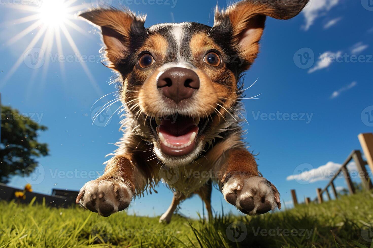 ai generado gracioso alegre mascota juguetón perro corriendo con abierto boca en naturaleza en un soleado día, acción retrato animal ojo de pez ver foto