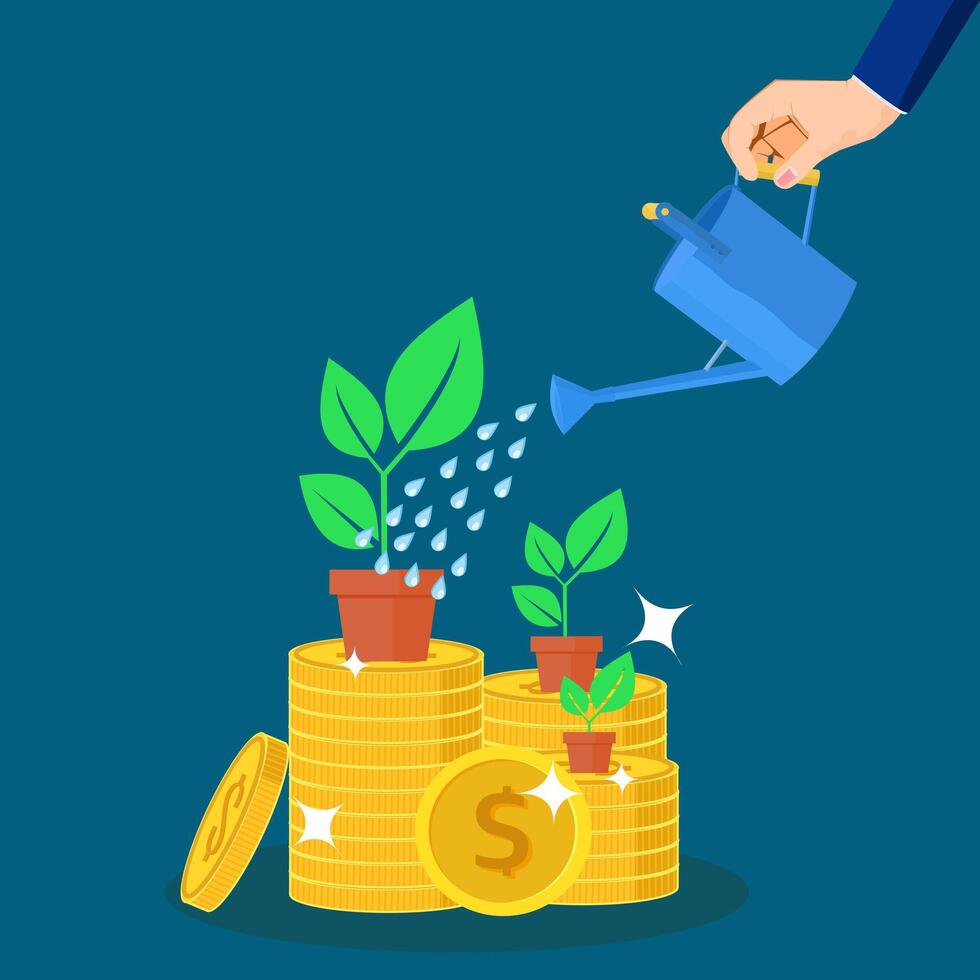 Water the plants in rows of gold coins. Finance and Banking vector