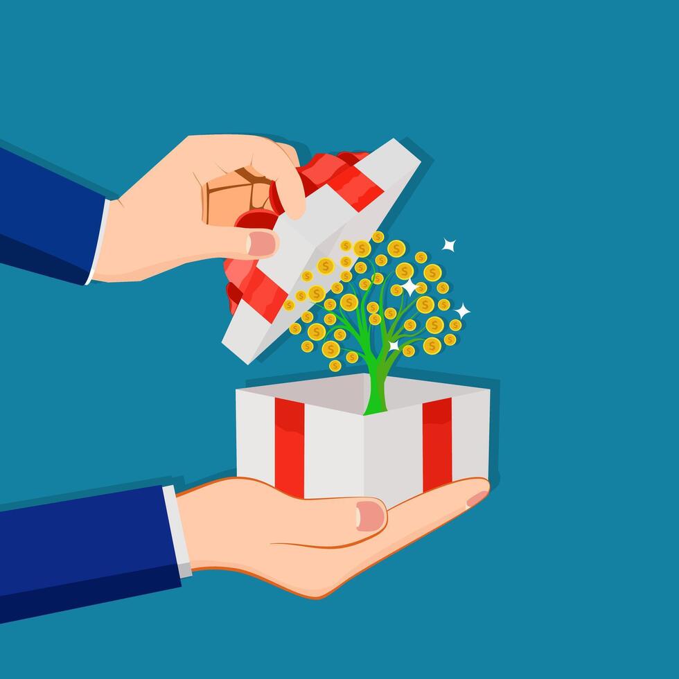 businessman opens a gift box with a money tree vector