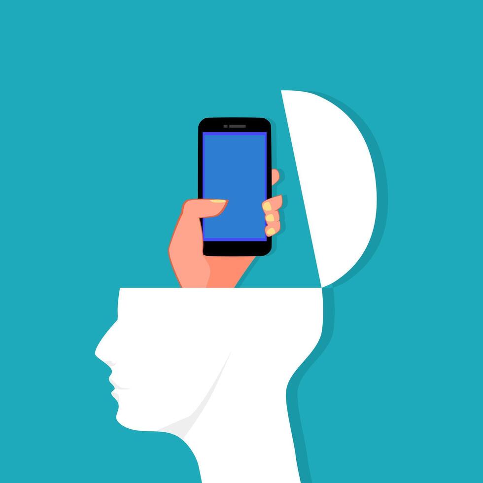Open the human head and the hand is holding the phone vector