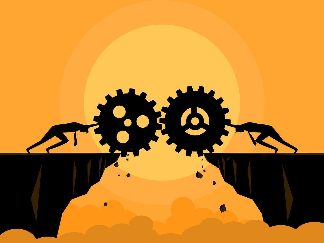 Cooperative effort. Connect the gears to form a bridge. business concept vector