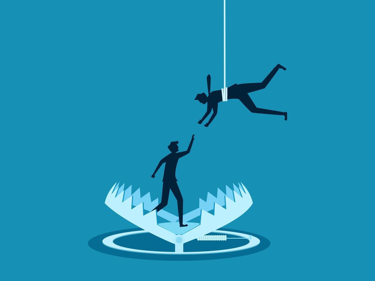 Crisis and risk. Businessman helping employee is stuck in a trap. Vector