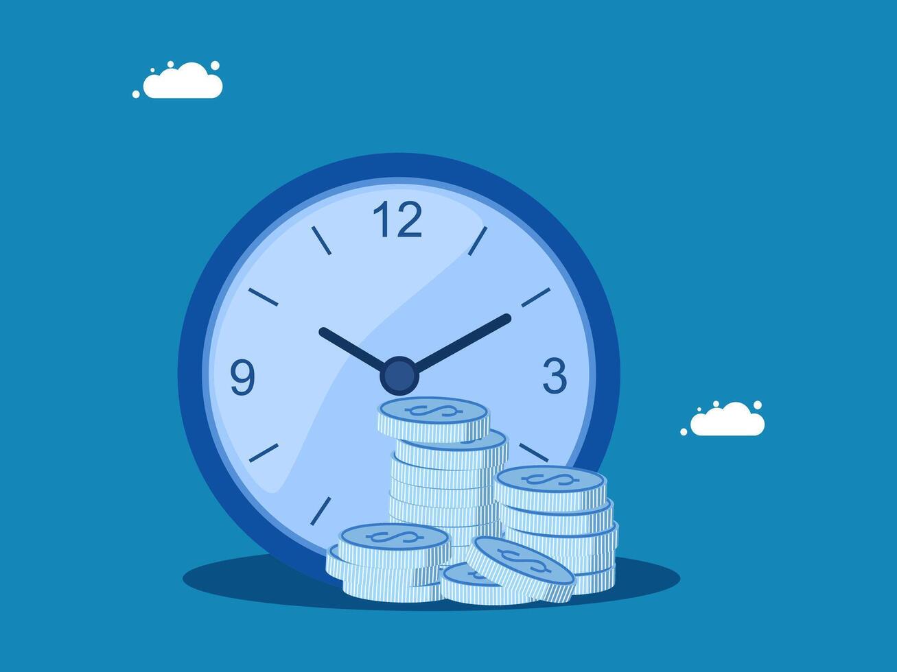 Investment time, long term investment. Clock and pile of coins vector