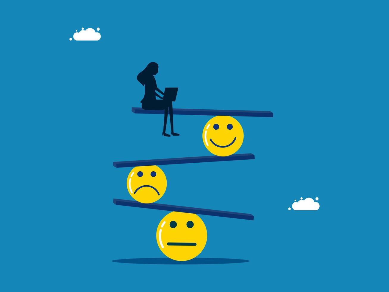 Balance feelings. conscious woman balances a smile and a sad face vector