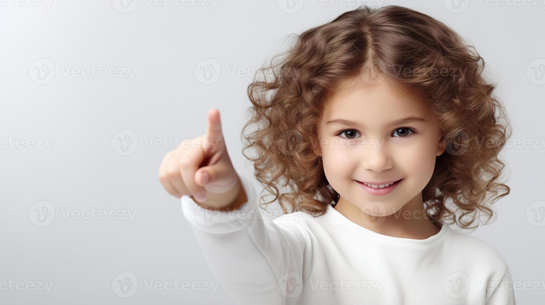 AI generated Portrait of a cute little Caucasian girl pointing finger gesture while standing on a white background with copy space photo