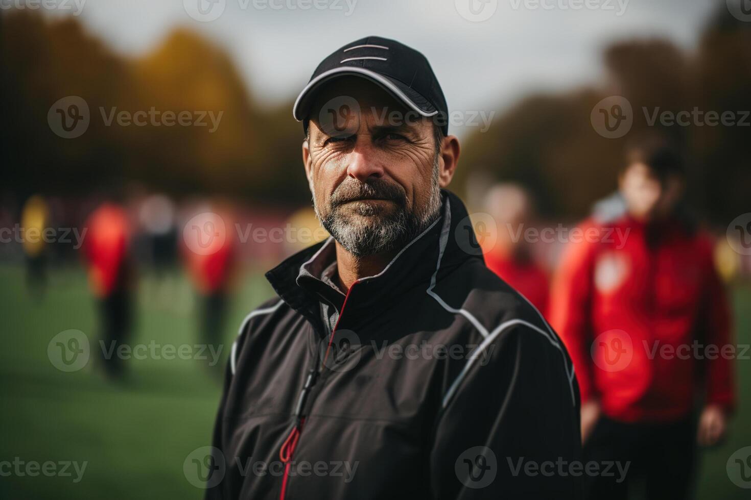 ai generado retrato de un fútbol americano entrenador en un Deportes suelo, un grave masculino instructor durante formación a un al aire libre estadio foto