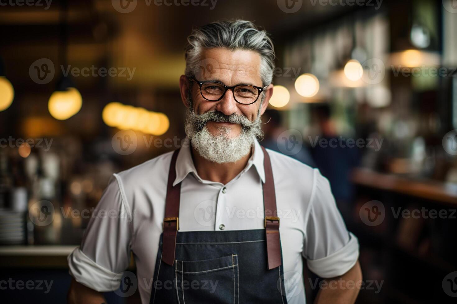 AI generated Handsome senior male barista in apron in cafe, smiling stylish cafeteria business owner looking at camera photo