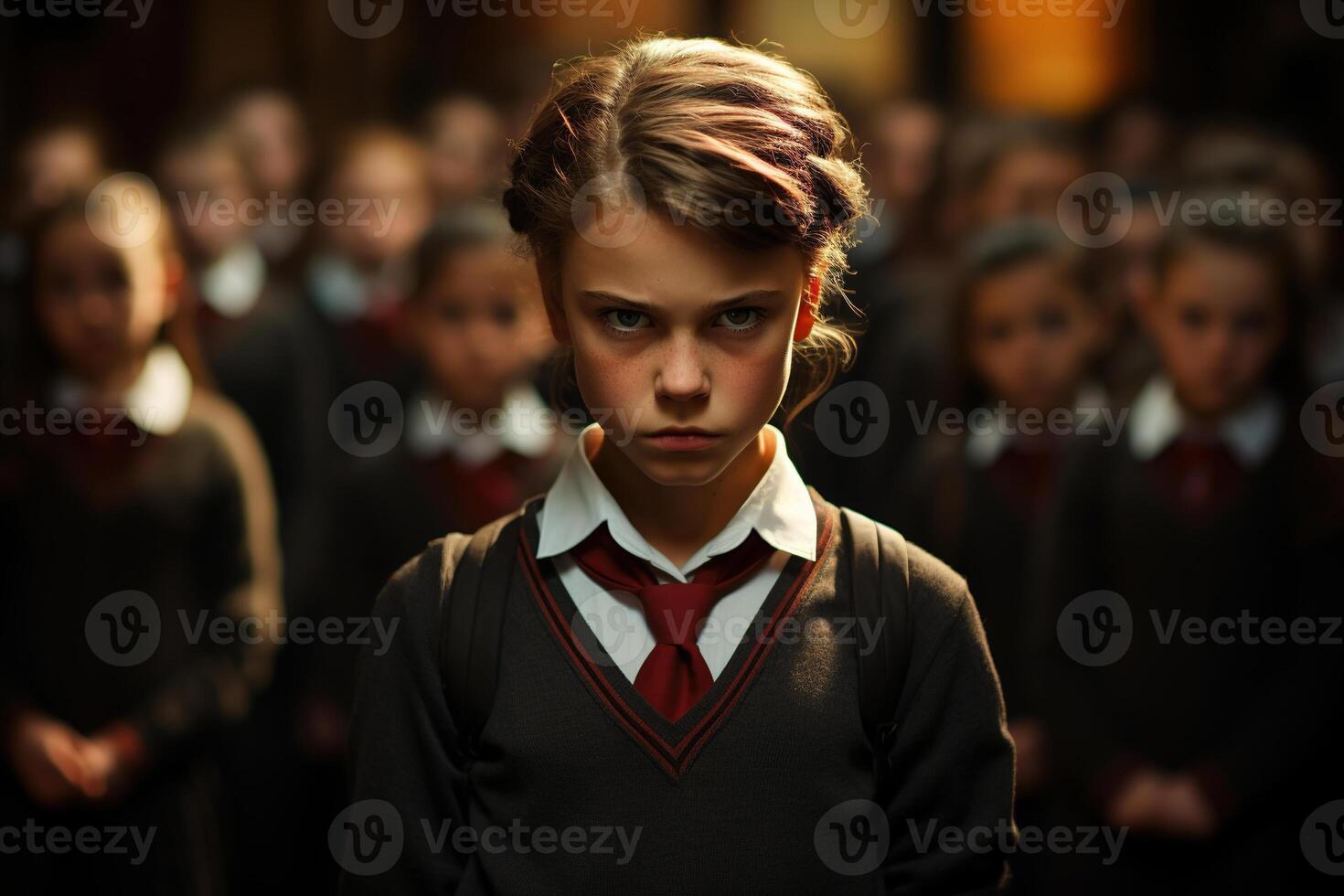 AI generated School bullying and child shaming. Angry upset gloomy schoolgirl in a crowd of girls looking at camera, indoors photo