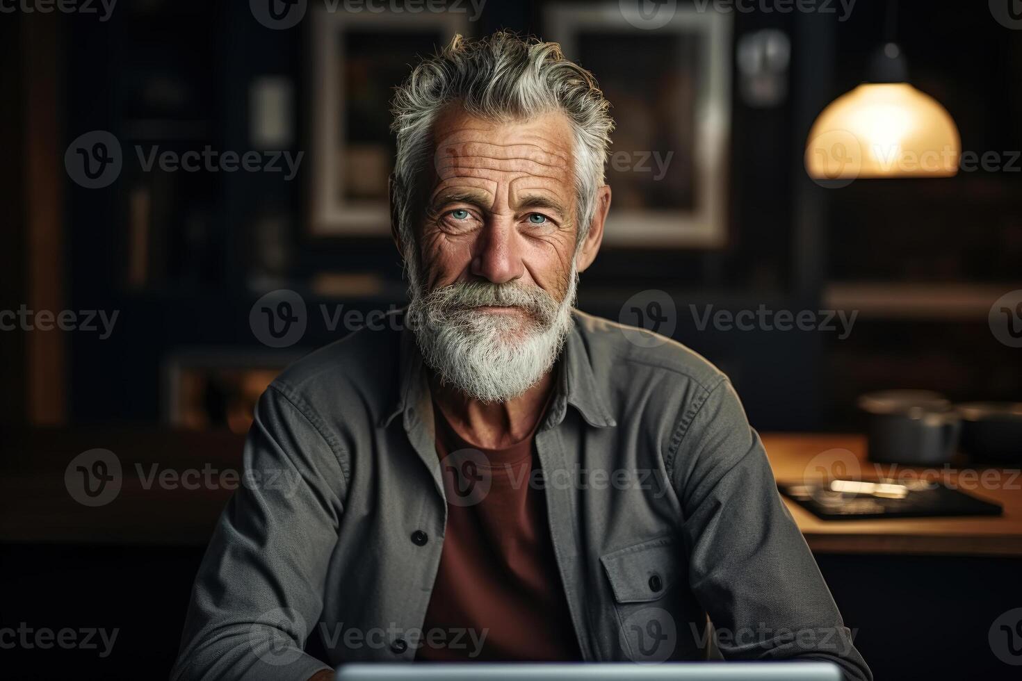 AI generated Handsome senior man using laptop while sitting indoors, portrait of smiling cheerful caucasian grandfather working online at home and looking at camera photo