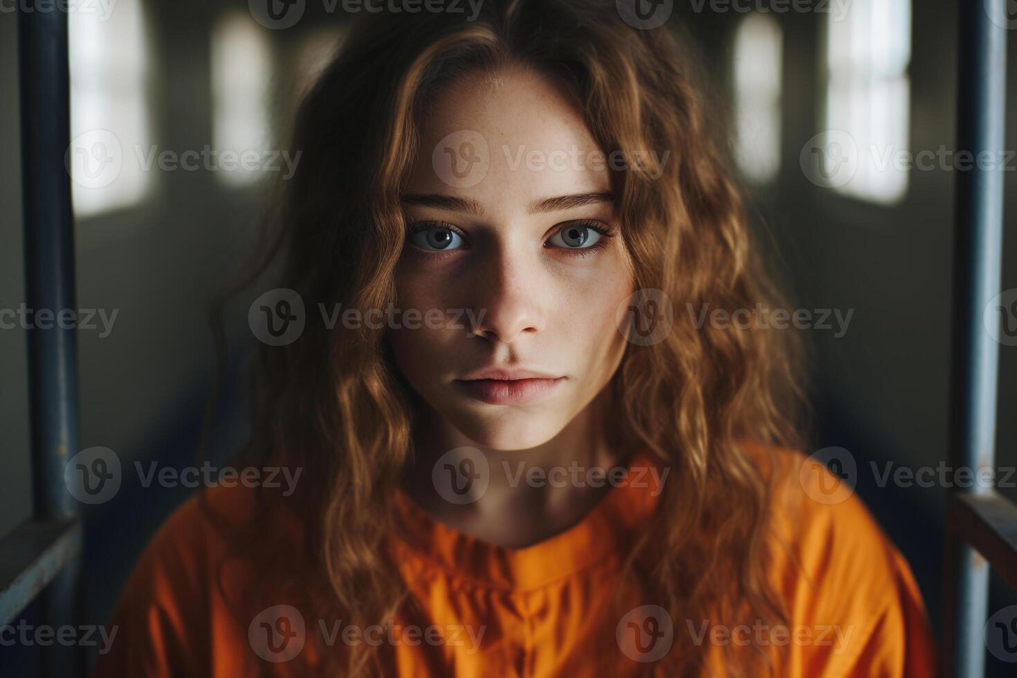 AI generated Portrait caucasian young woman prisoner in orange robe looking at camera. Crime, arrest social problems concept photo