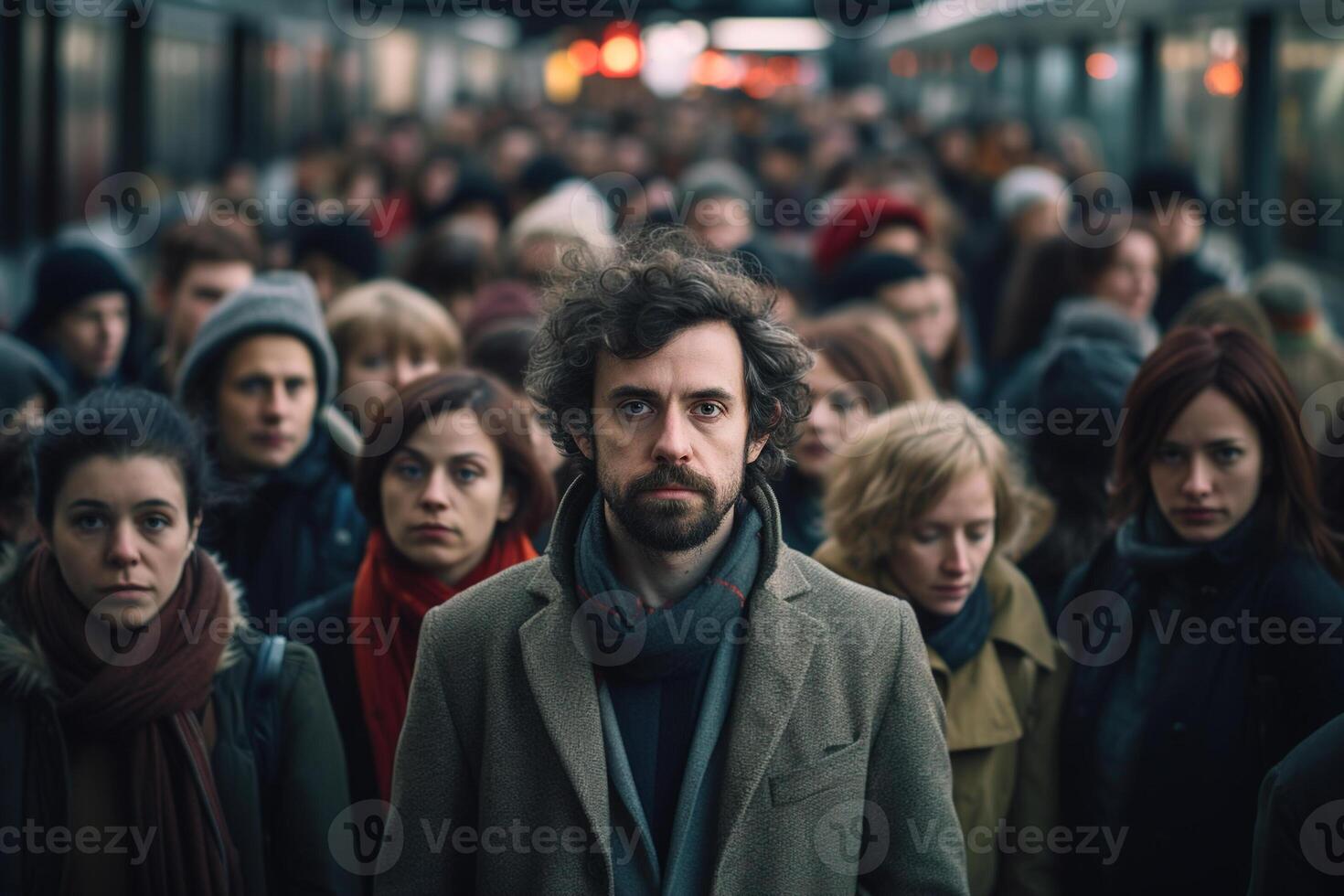 AI generated Rush hour, a crowd of sad, tired people in the subway photo