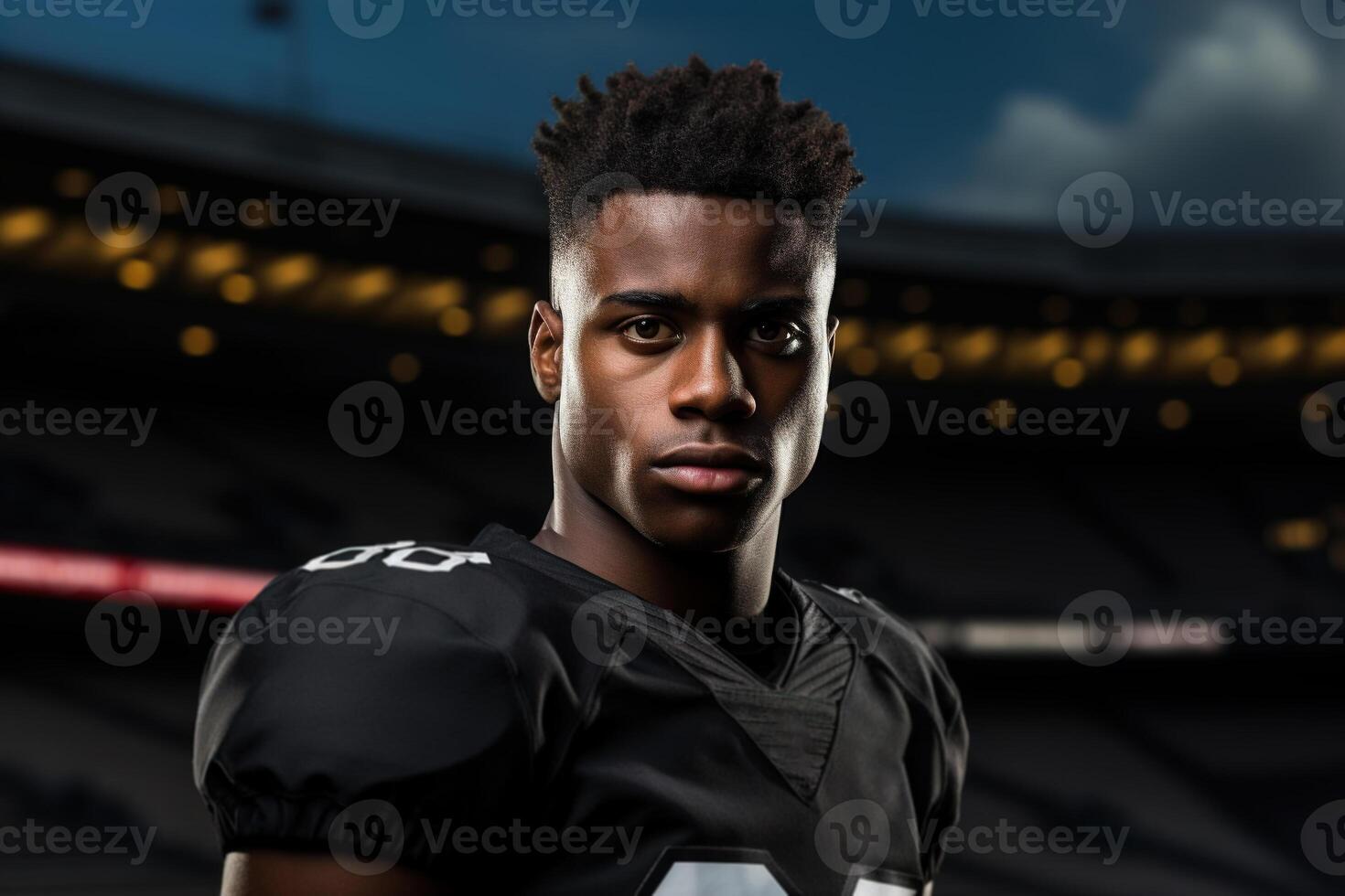 AI generated Portrait of serious afro american young confident male athlete rugby player at stadium outdoors looking at camera photo