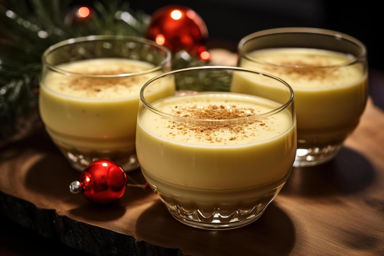 AI generated Egg nog is a traditional Christmas drink. Close-up of a sweet drink based on raw chicken eggs and milk, with spices in glasses indoors photo