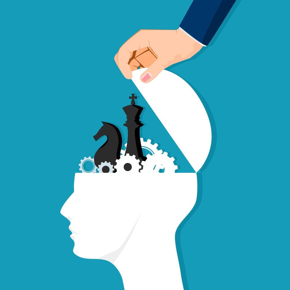 human head was opened with gears and chess pieces vector