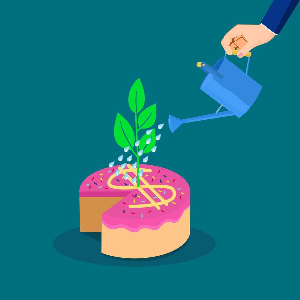 Businessman watering a tree on a money cake vector