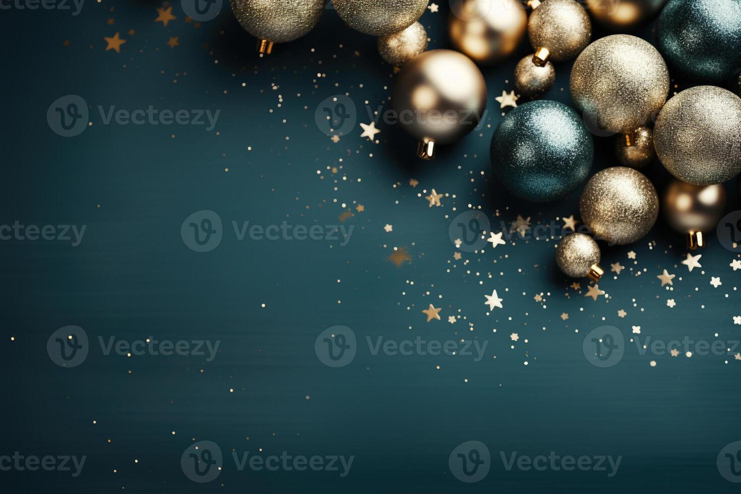 AI generated Xmas background with copy space. Top view Christmas tree decorations toys balls on a blue surface with empty space for text, selective focus photo