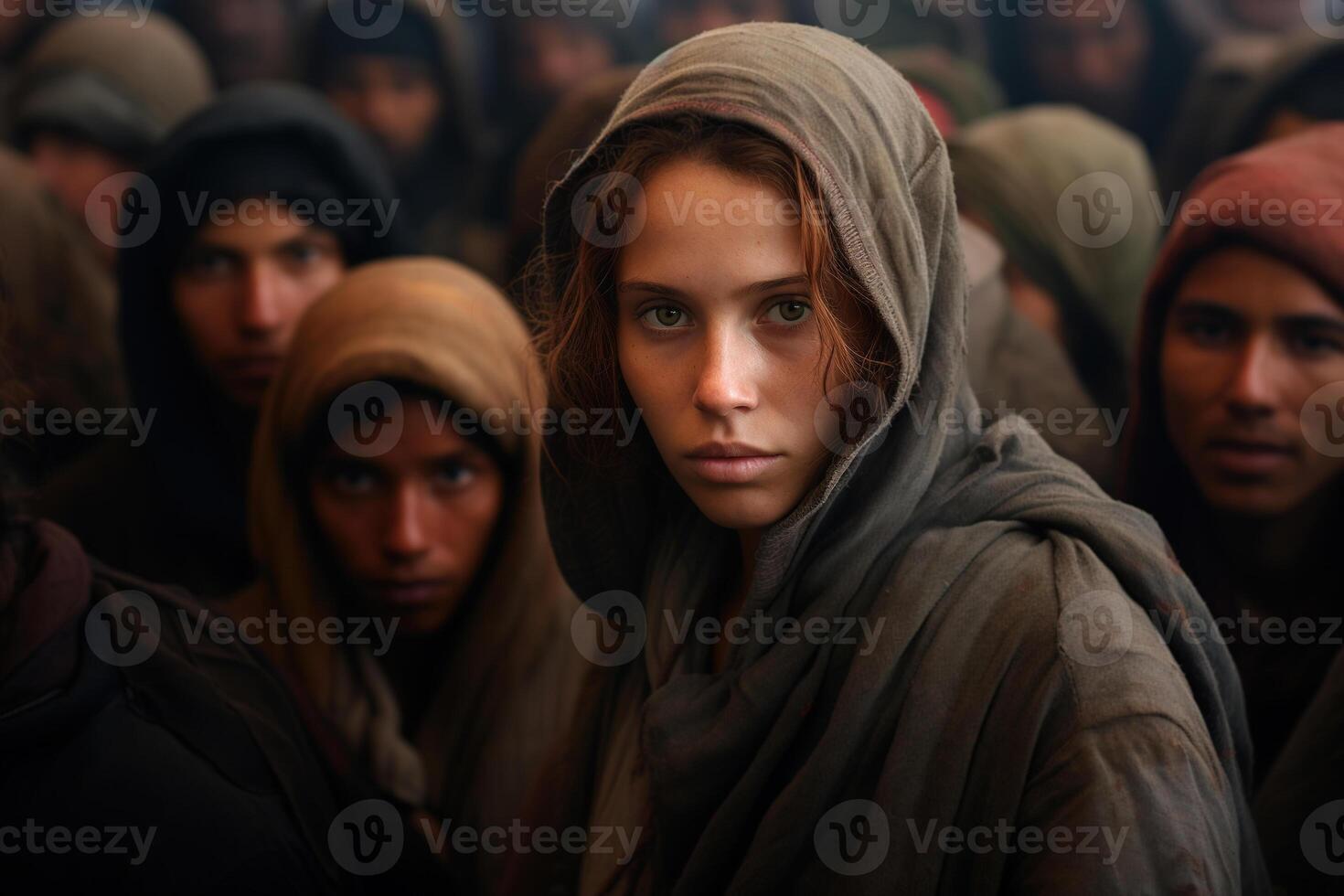 AI generated Emigration, refugees, world social problems concept. Portrait of a beautiful poor woman in a crowd of oppressed people photo
