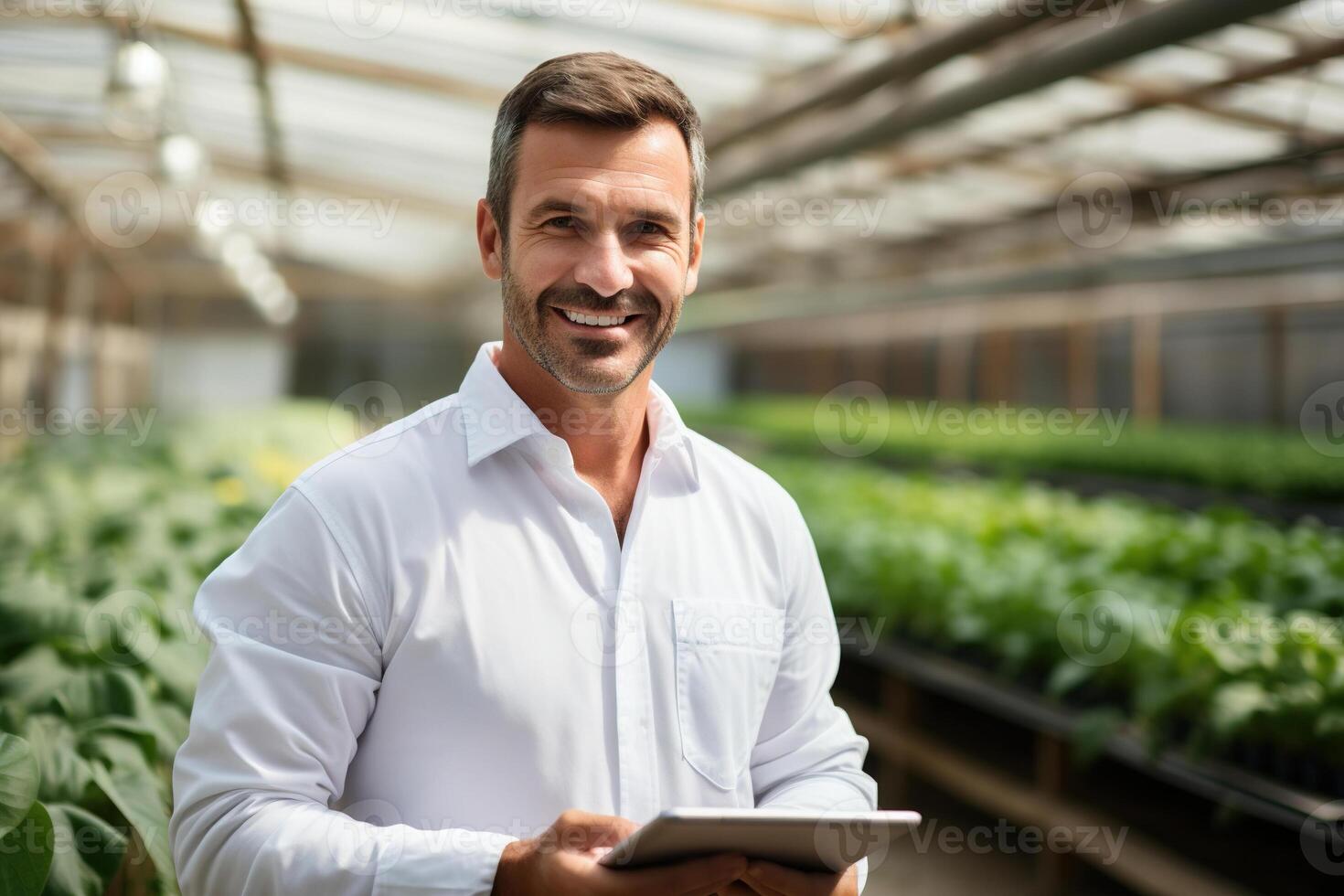 AI generated Cheerful male farmer analyzing agricultural data in greenhouse, smiling agriculture analyst using tablet and looking at camera. Scientifically sustainable digital farm development photo