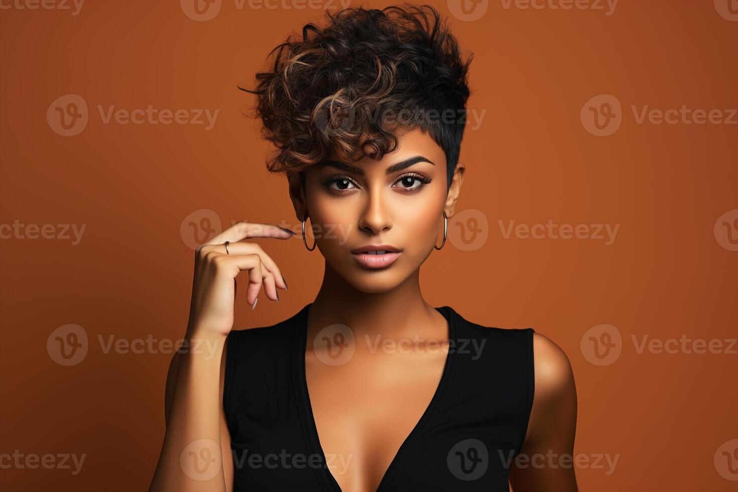 AI generated African American glamorous woman with short hair, portrait of a beautiful dark-skinned model with a stylish hairstyle looking at camera photo