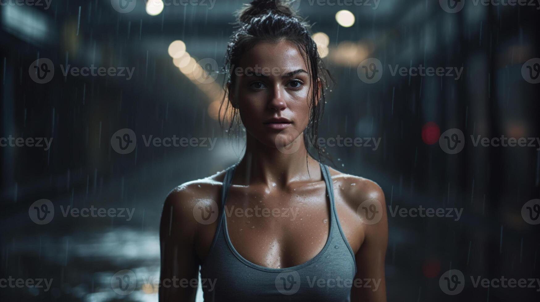 AI generated Sexy serious slim tanned woman in a tank top on the street on a rainy night outdoors photo