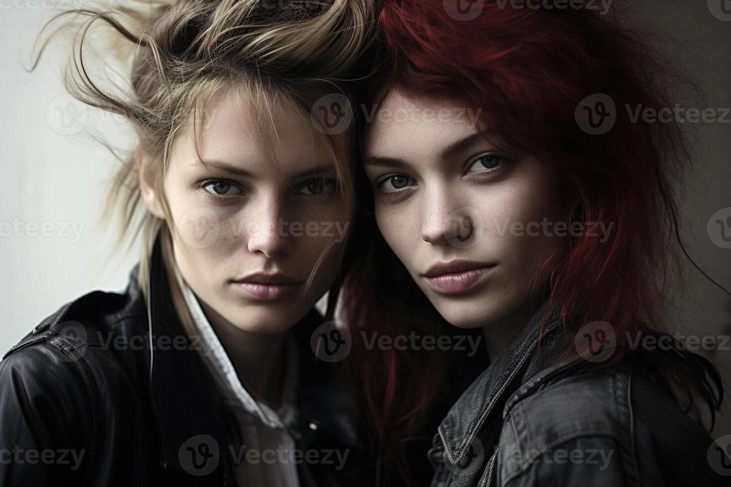 AI generated Female friendship, portrait of youth loving friends hugging together and looking at camera photo