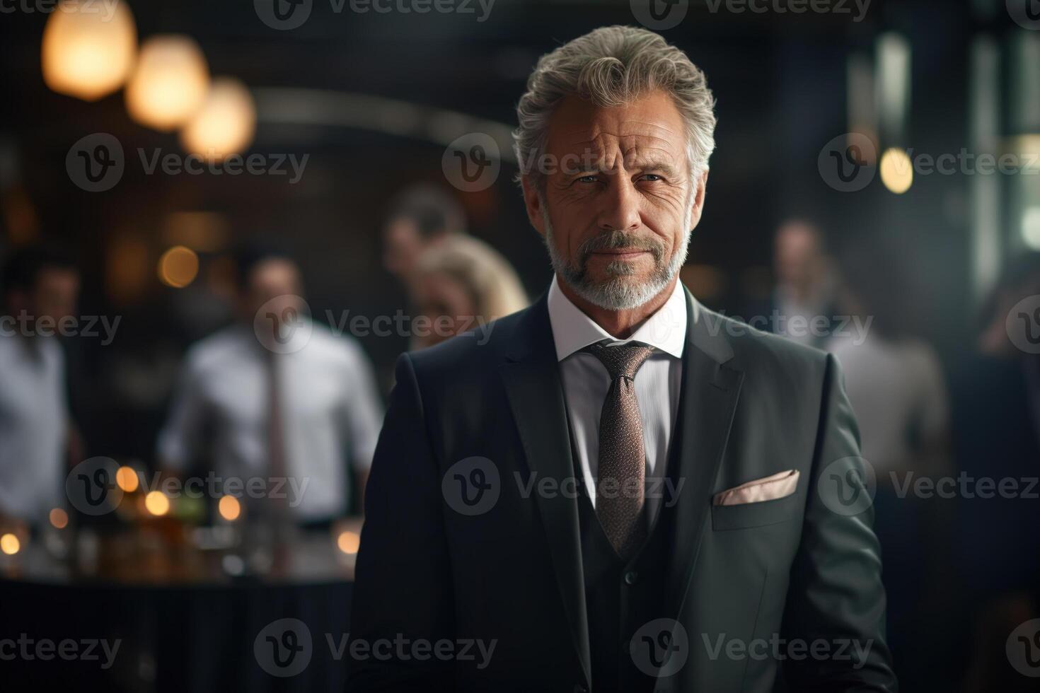 AI generated Successful cheerful senior businessman in suit posing in casino and looking at camera, business portrait photo