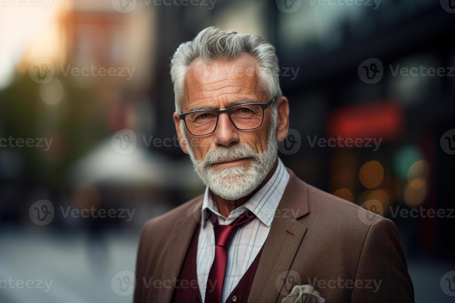 ai generado negocio mayor hombre en elegante traje y lentes en ciudad calle mirando a cámara, al aire libre masculino retrato con bokeh foto