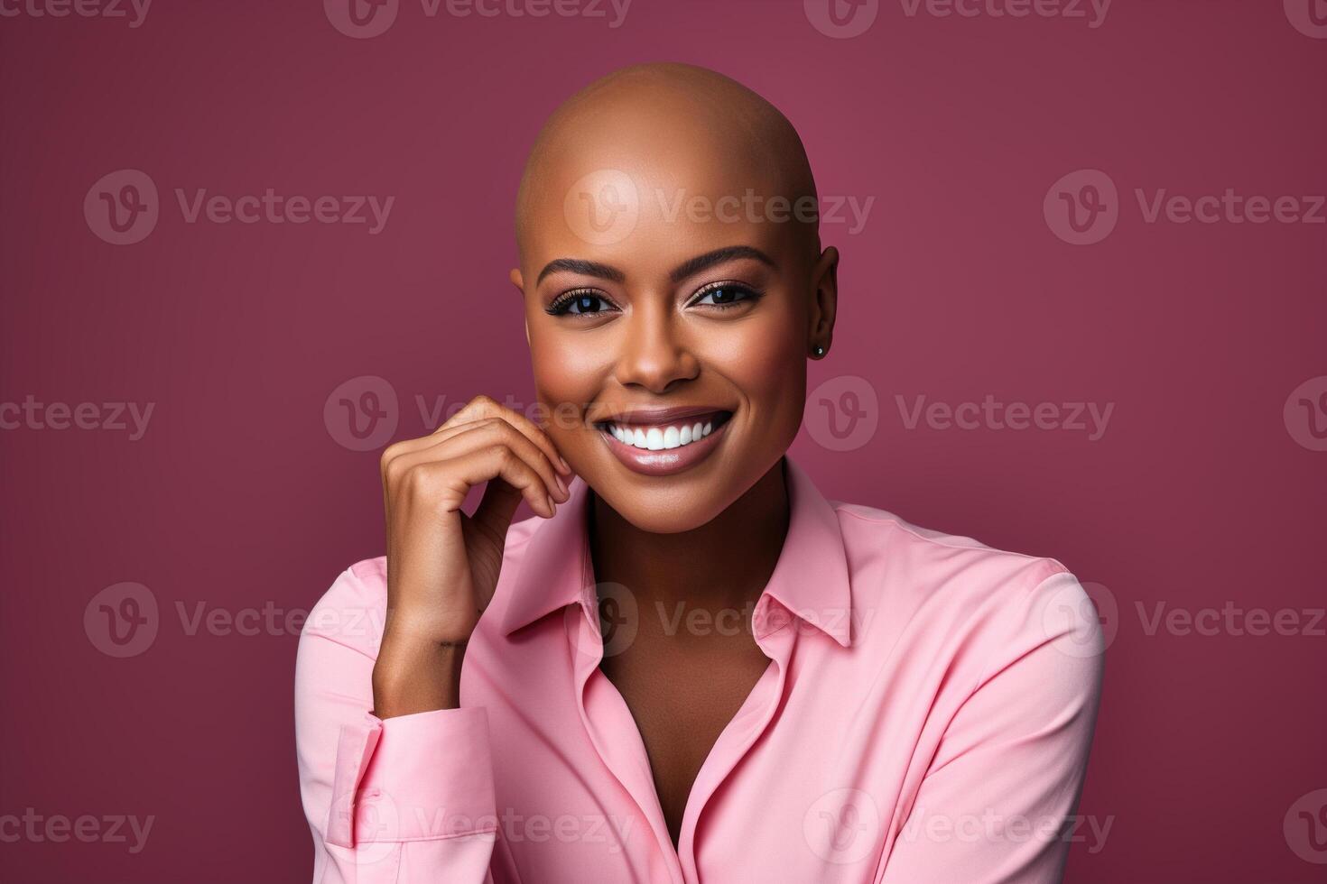 AI generated Positive smiling afro american bald woman posing against background and looking at camera photo