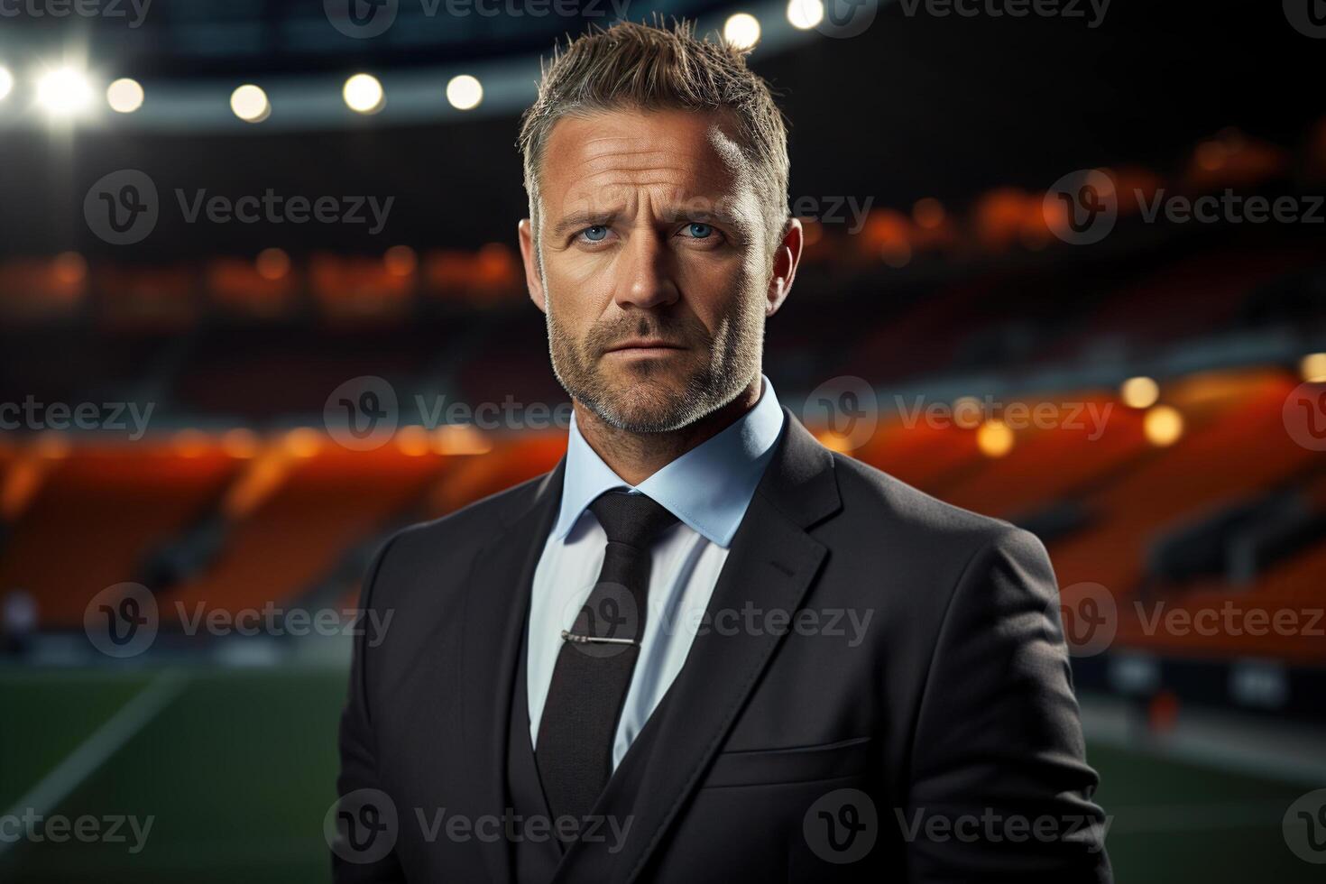 AI generated Portrait of a handsome serious middle-aged man football sports manager in a suit standing at the stadium and looking at camera photo