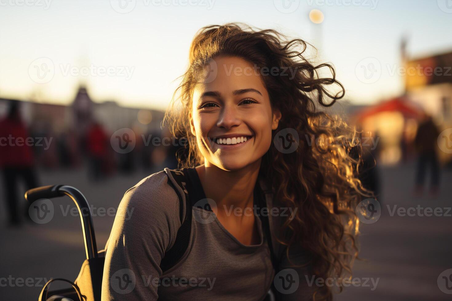 AI generated Pretty happy young caucasian woman with disability sitting on wheelchair outdoors on sunny evening and looking at camera photo