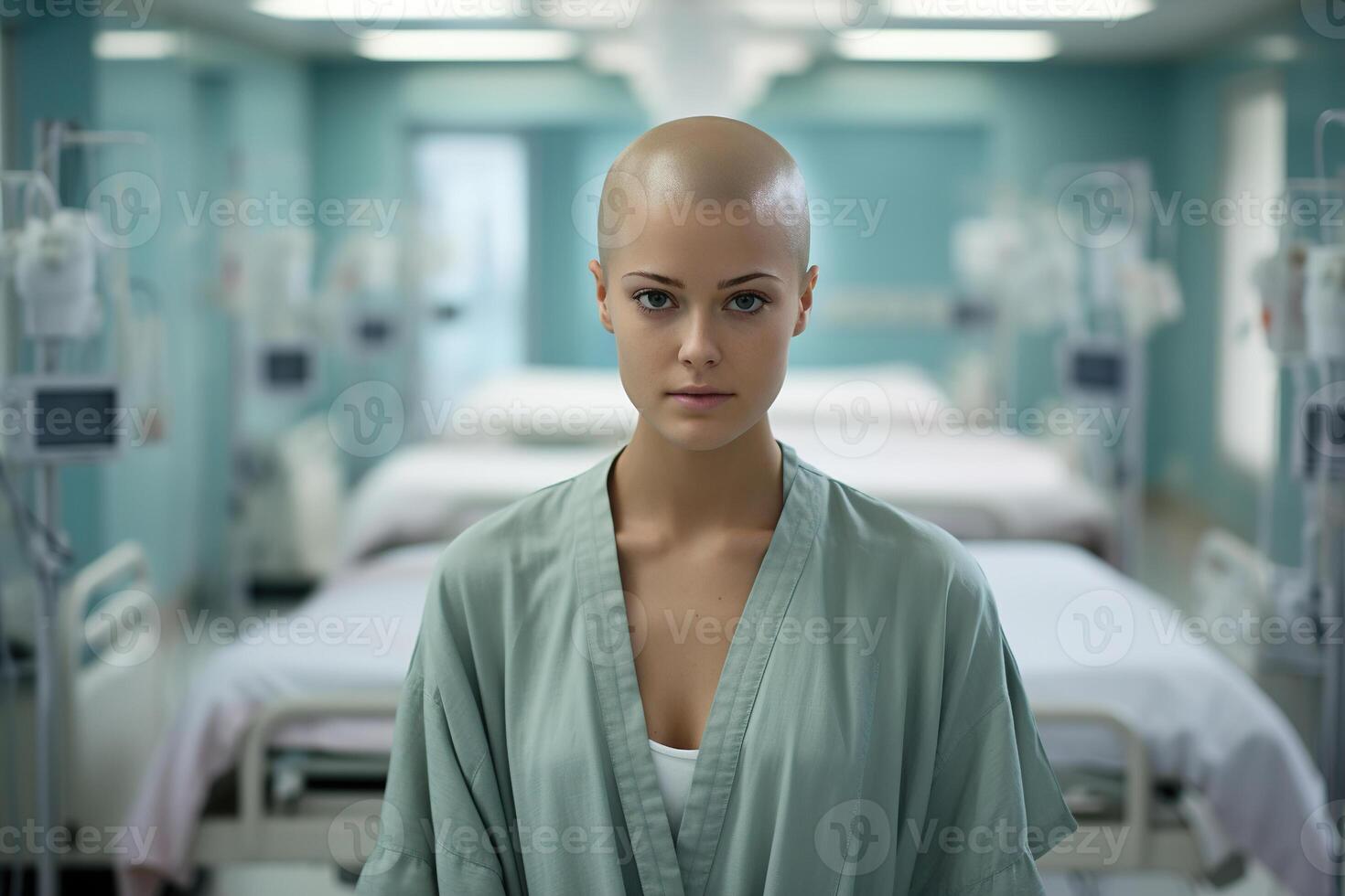 AI generated Portrait of bald young woman suffering from infection or tumor undergoing chemotherapy treatment in hospital room and looking at camera. Cancer disease, medicine concept photo