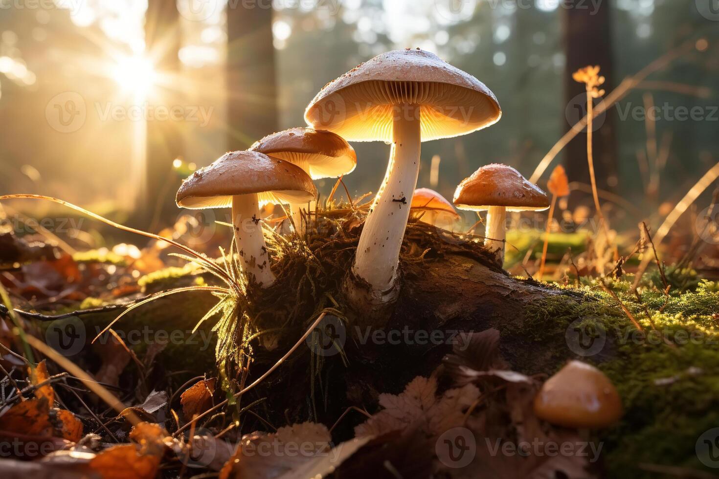 ai generado hongos creciente en bosque en soleado otoño mañana, de cerca foto