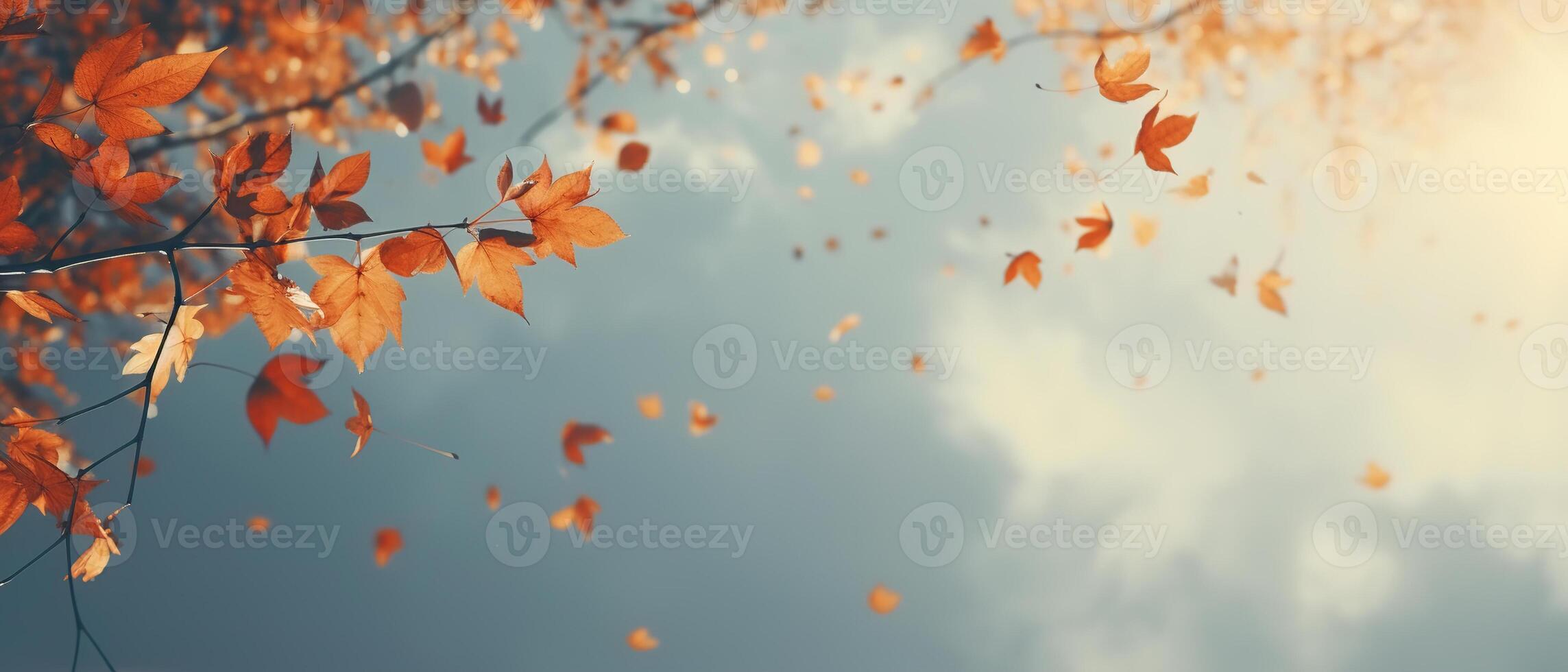 AI generated Autumn banner, fallen orange leaves against a cloudy sky photo