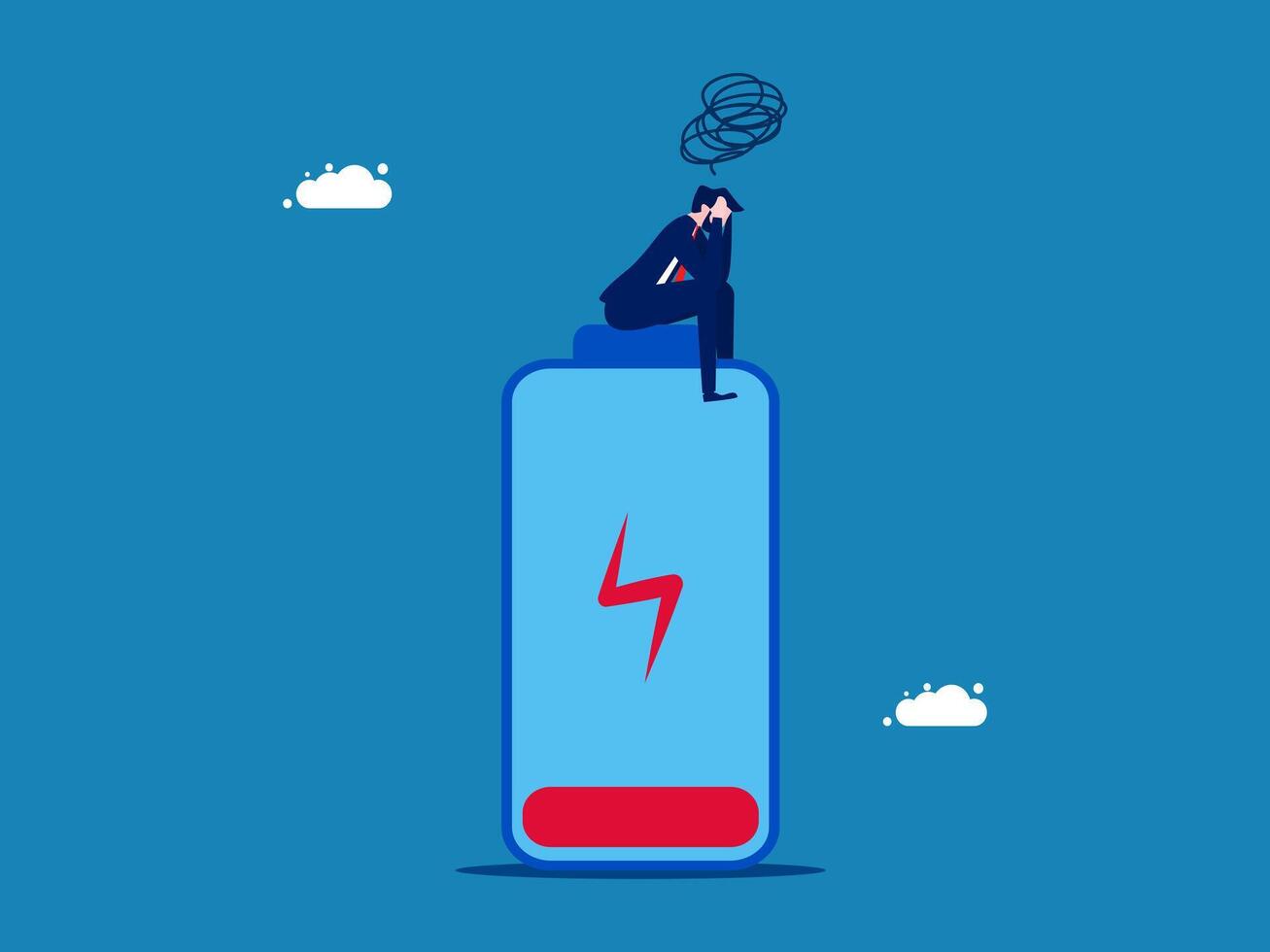 Burned out. Businessman sitting sadly on low battery vector
