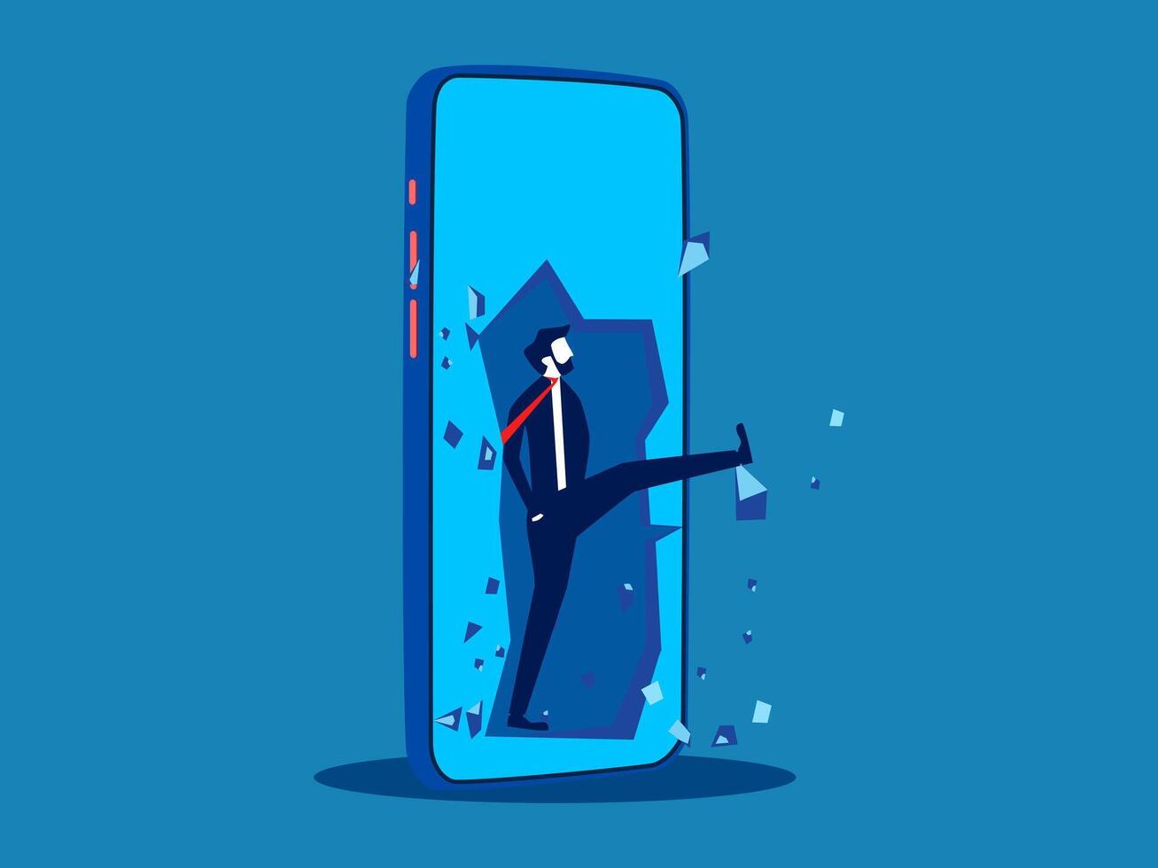 Break free from the online world. Businessman leaves smartphone screen vector