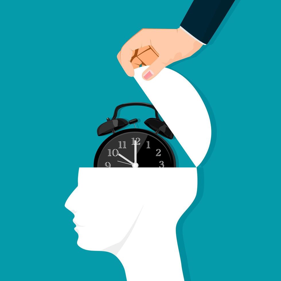 human head is opened by a clock. The concept of timing of life vector