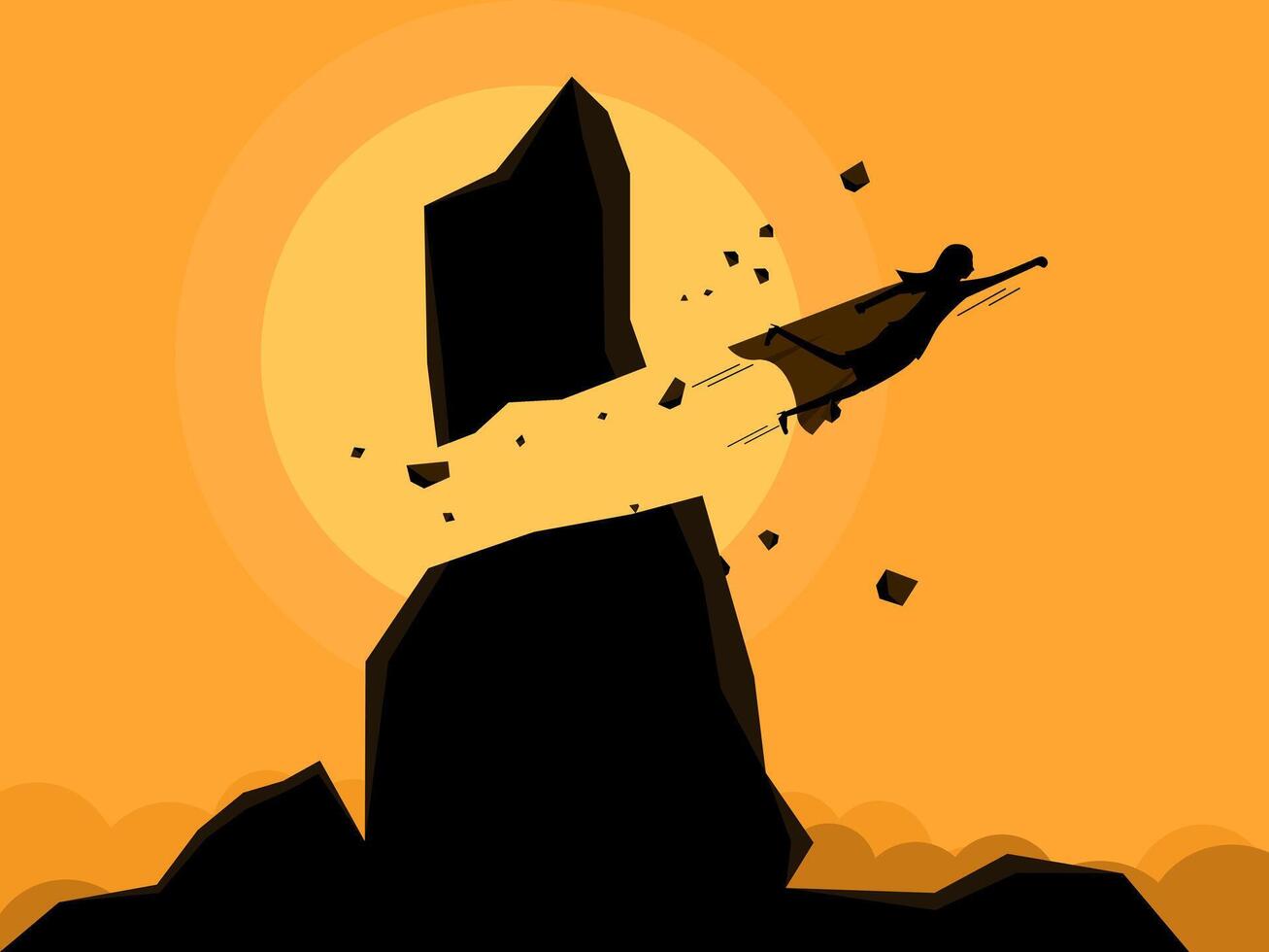 Businesswoman hero flies through obstacles. vector