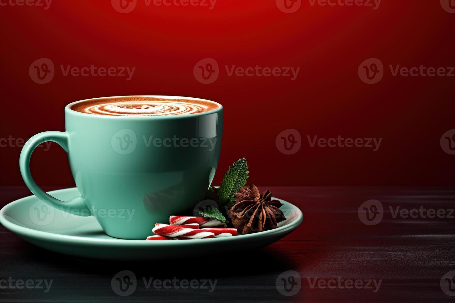 AI generated Peppermint mocha, close-up of mint seasonal drink of chocolate and coffee with spices on a red background with copy space photo