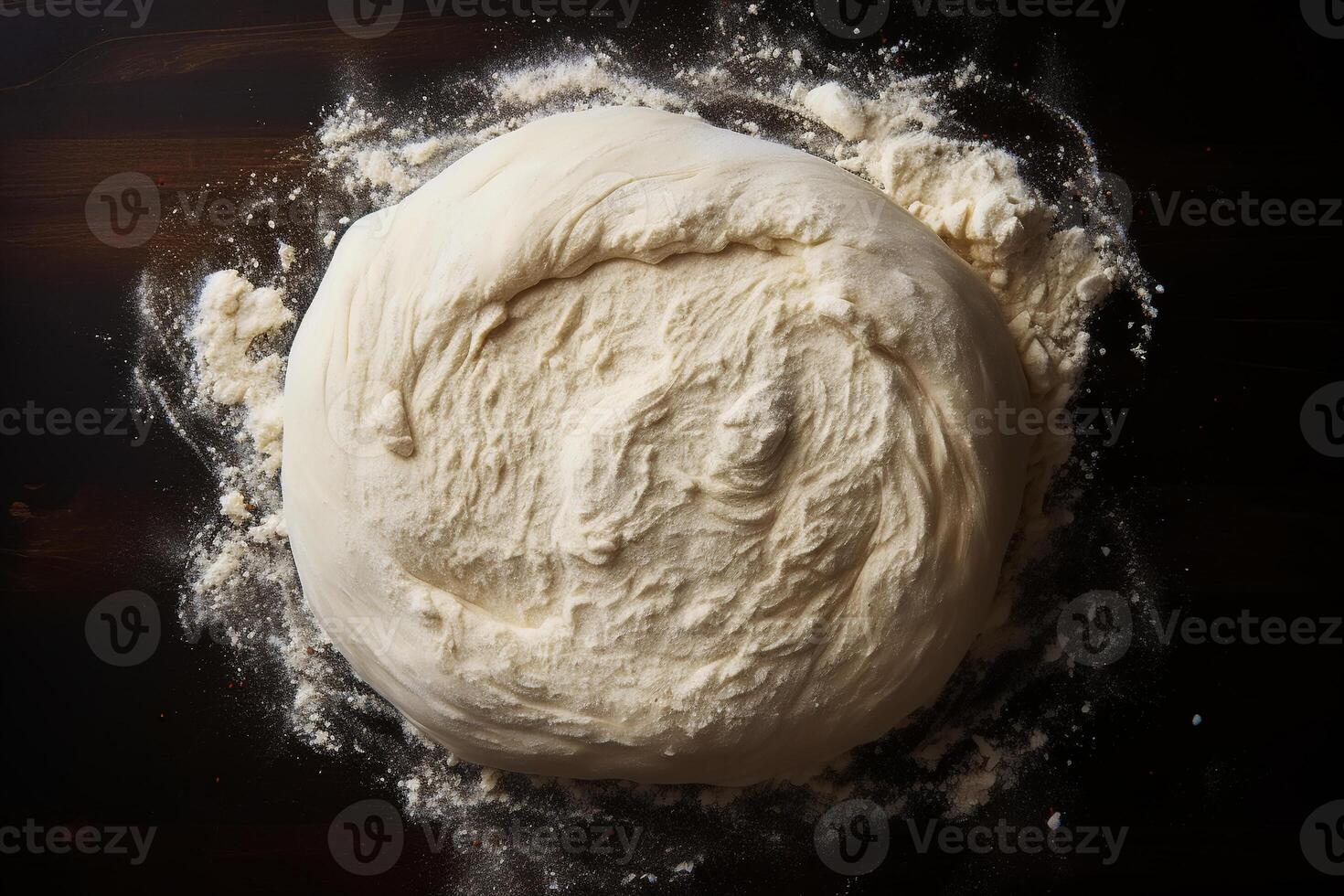 AI generated Piece of dough on flour on table, top view. Cooking baking photo