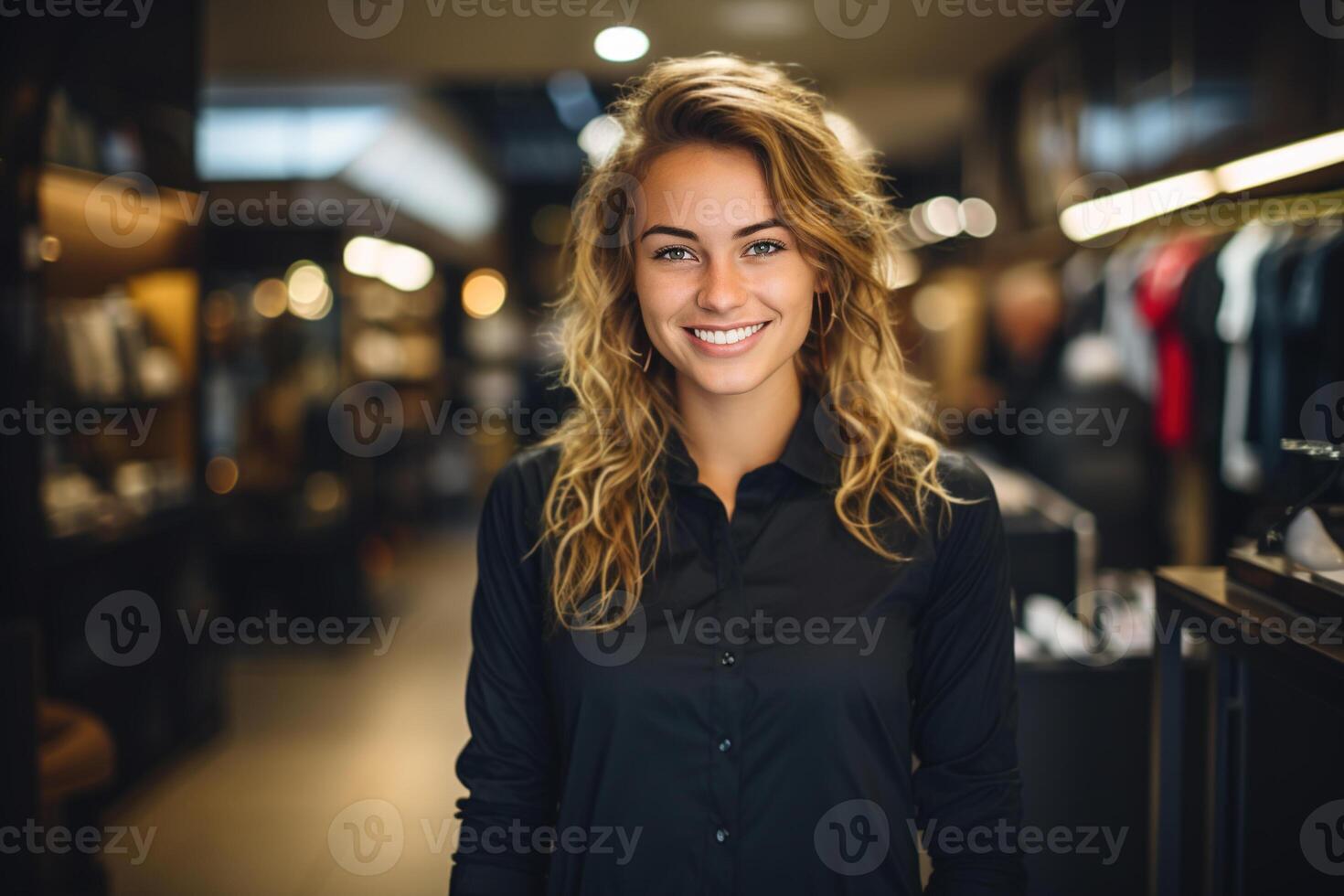 AI generated Shop, sales. Waist-length portrait of a happy stylish young woman salesperson posing in a clothing store and looking at camera photo