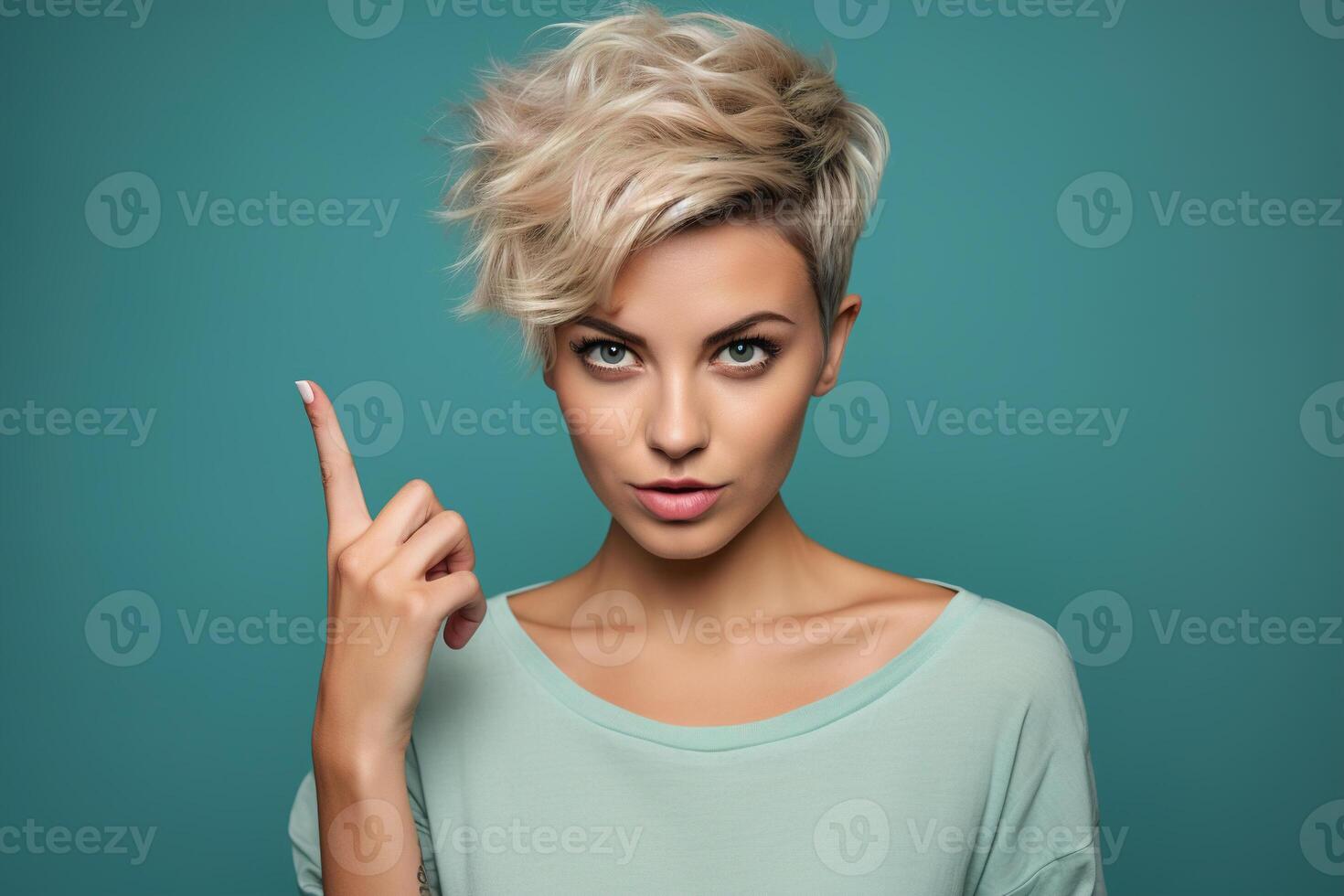 AI generated Sexy stylish woman with short hairstyle pointing her finger up photo