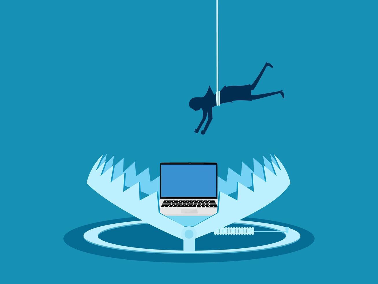 Online fraud. Businesswoman takes laptop from bear trap. vector