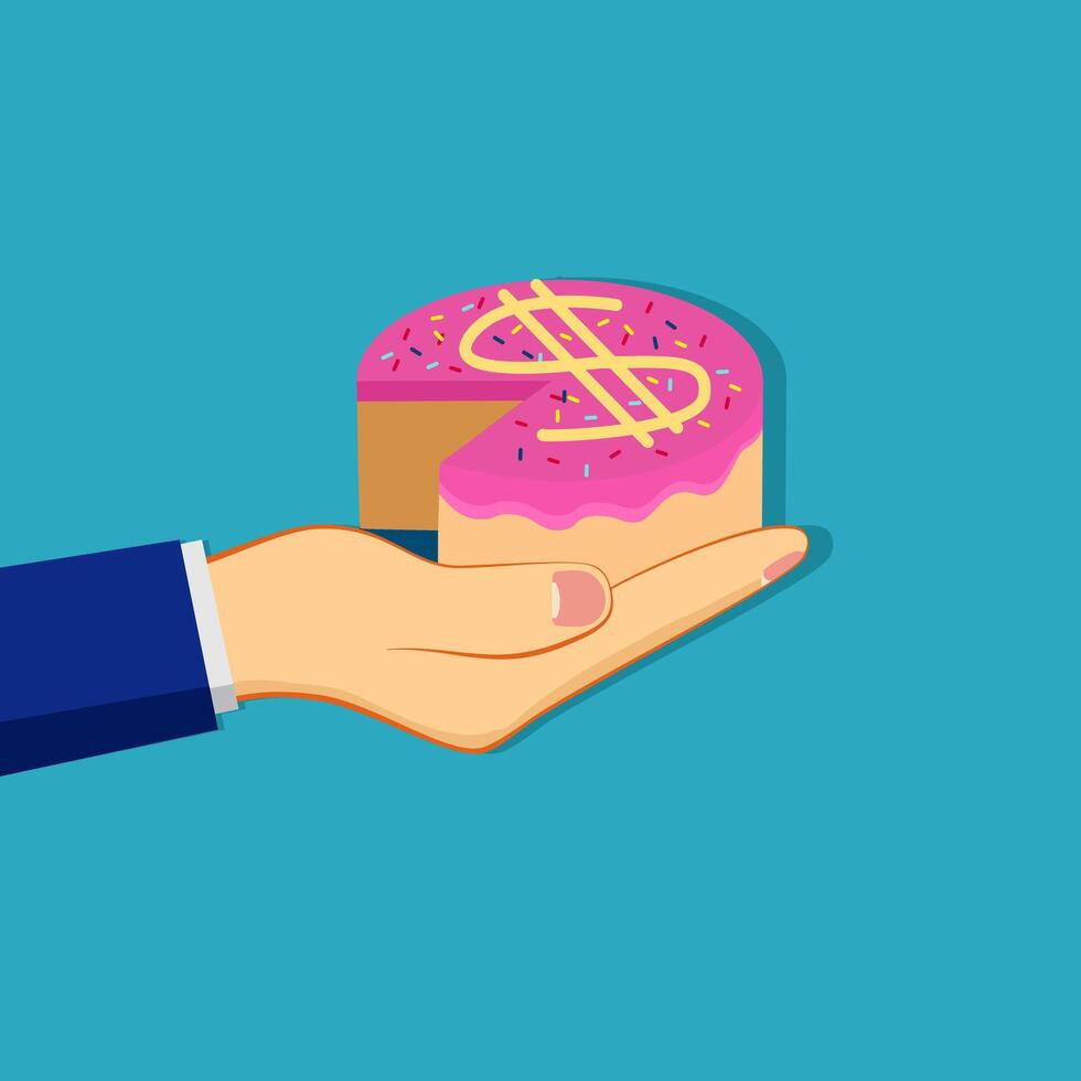 Financial cake in the hands of a businessman. profit sharing vector