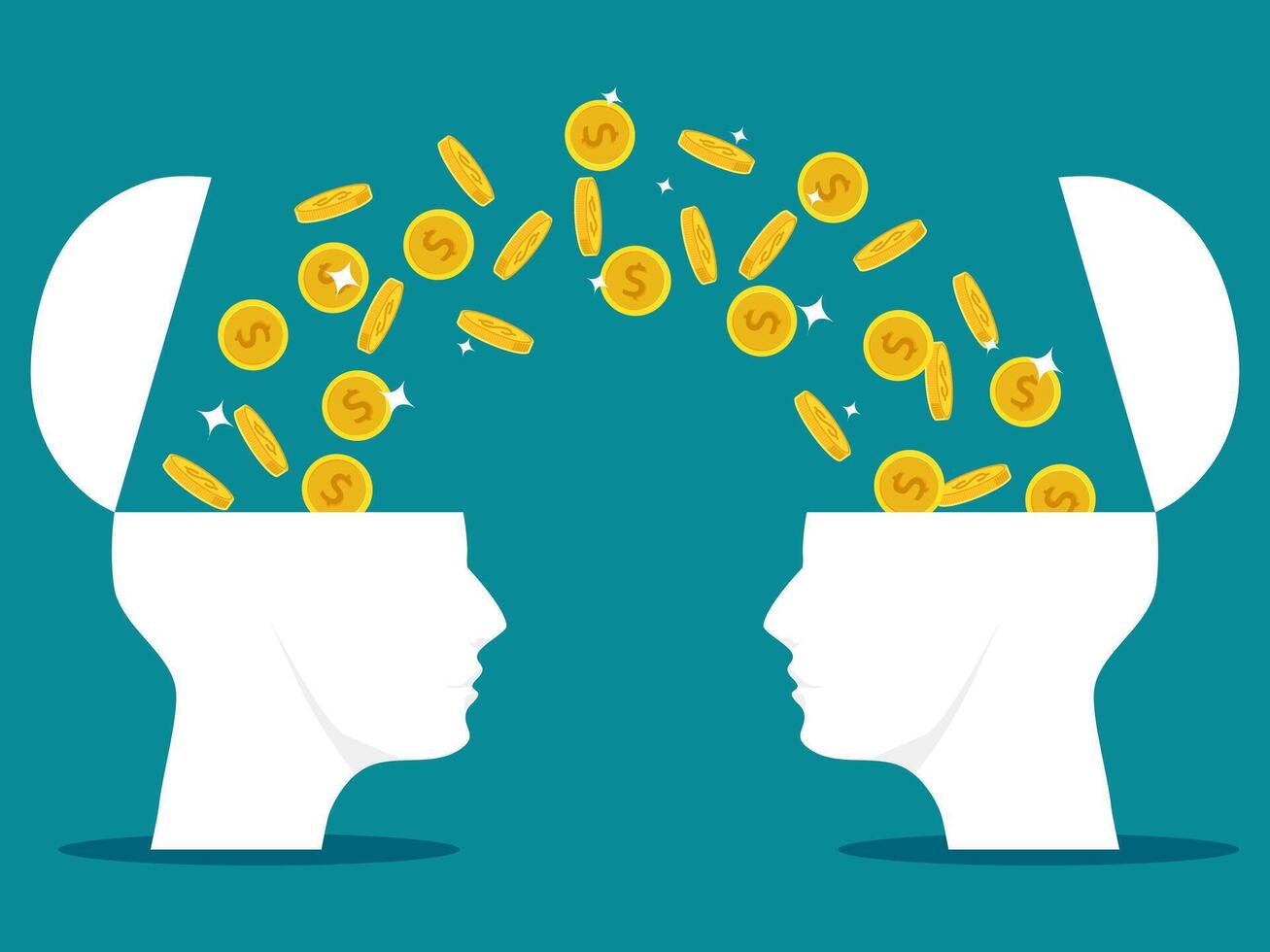 two human heads open with coins. Financial exchange vector
