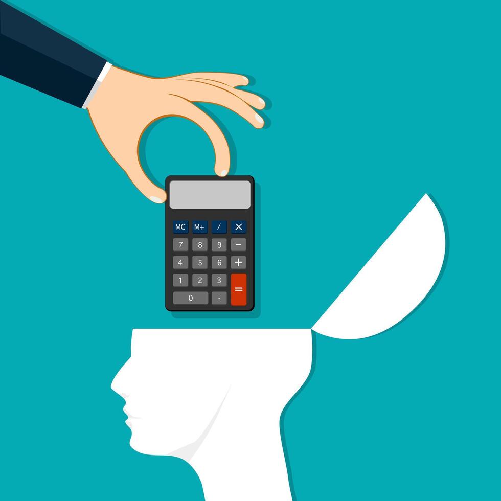 Businessman puts a calculator in his head. Financial concepts vector