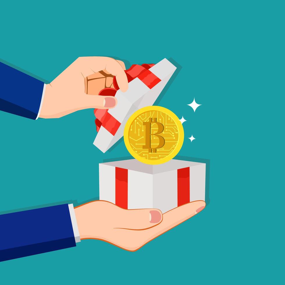Gift box in the hand of a businessman. Promotion of bitcoin coins vector