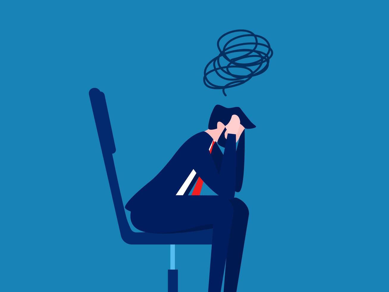 businessman holding his head sitting alone in a chair vector