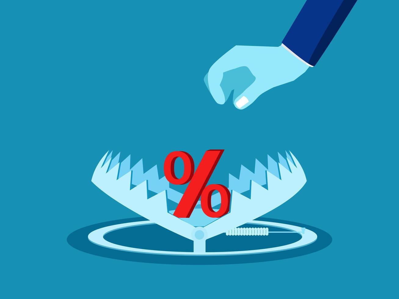 Interest and financial risks. Businessman picks up percentage from a bear trap. Vector