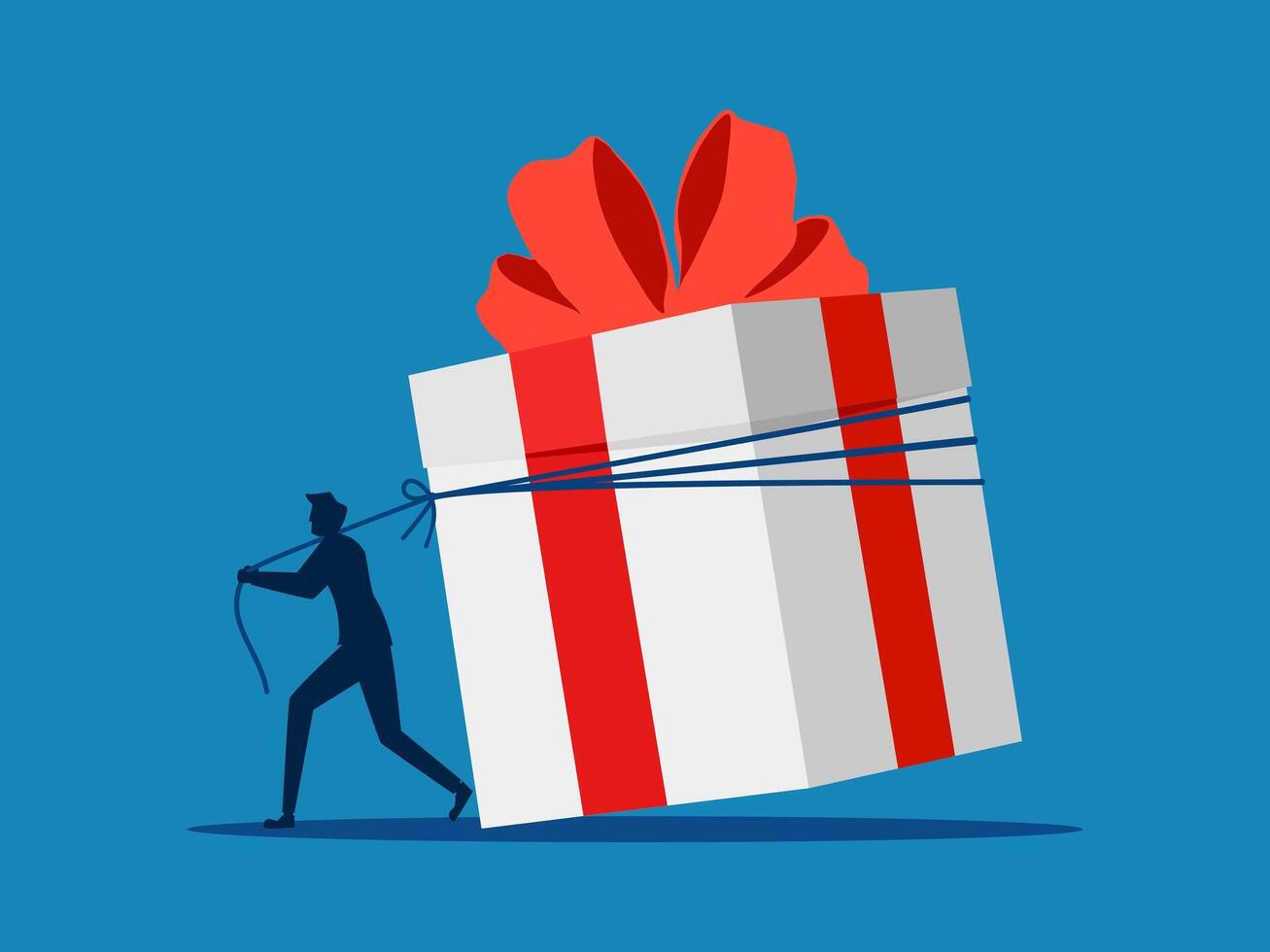 Determined businessman tries to drag big gift box vector