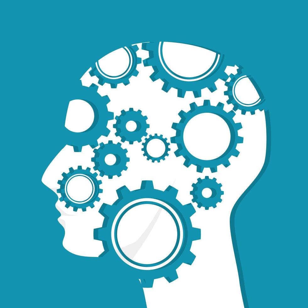 Human head and gear mechanism icon. Concept of systematic vector